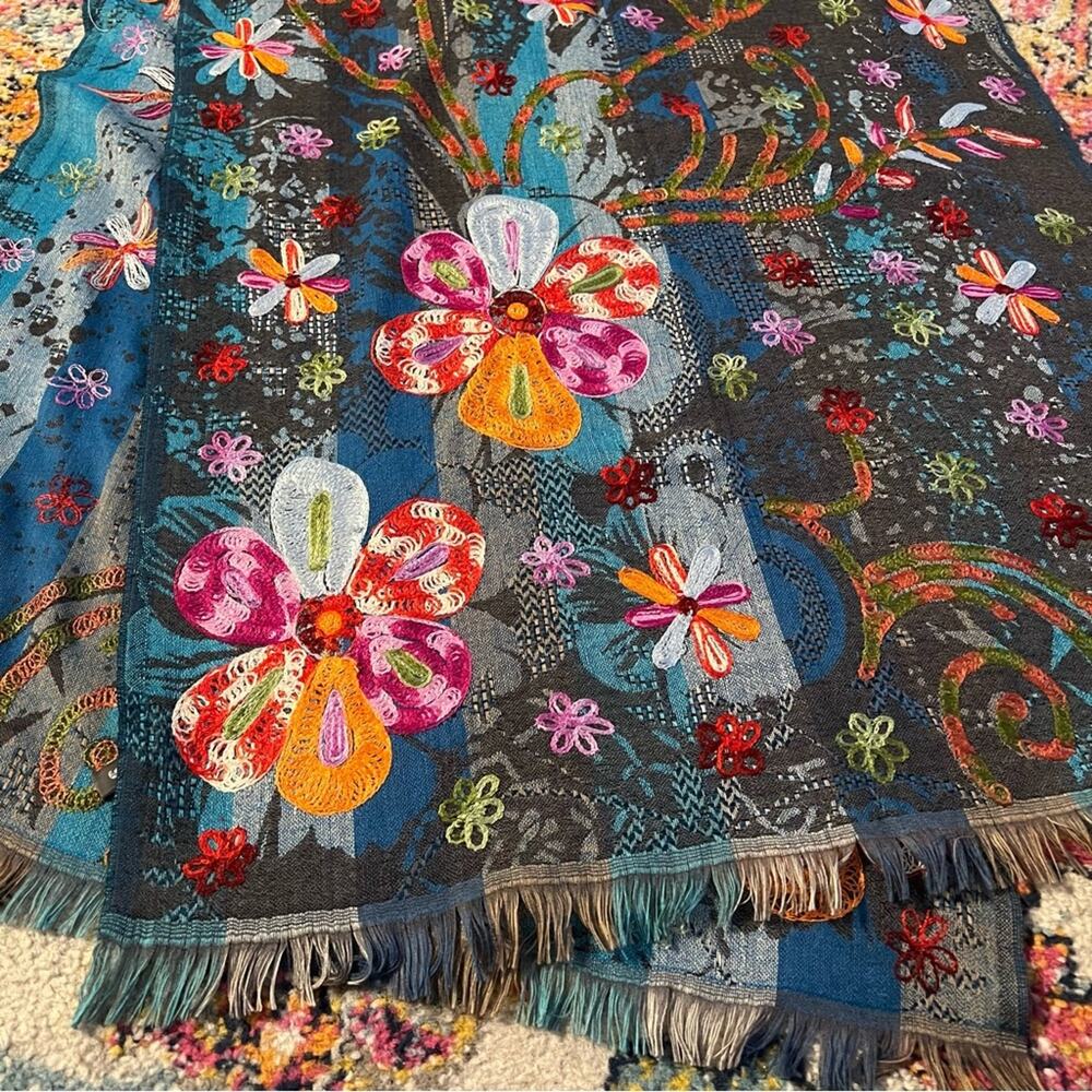 Anu 100% Wool Embroidered Floral Colorful Wrap Shawl Scarf Made in India 84x27”